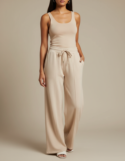 Pantalon Fluide Beige Large Décontracté Cordon Poches - Molleton