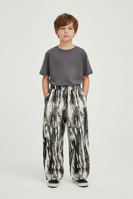 Pantalon Fluide Ample Imprimé Abstrait Noir Blanc Décontracté - Viscose