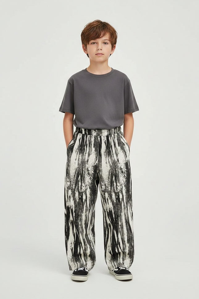 Pantalon Fluide Ample Imprimé Abstrait Noir Blanc Décontracté - Viscose