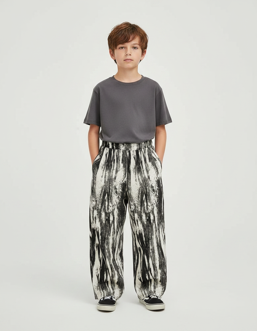 Pantalon Fluide Ample Imprimé Abstrait Noir Blanc Décontracté - Viscose