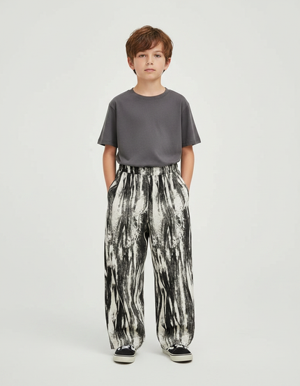 Pantalon Fluide Ample Imprimé Abstrait Noir Blanc Décontracté - Viscose