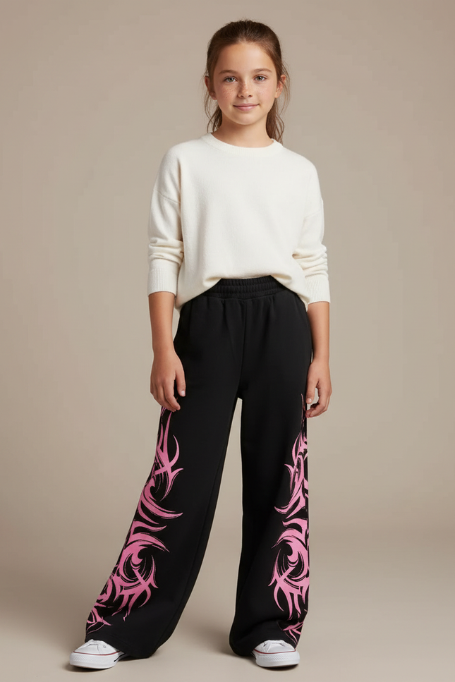 Pantalon Fluide Noir Ample Imprimé Tribal Rose Fille - Molleton
