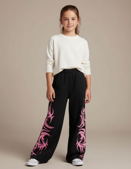 Pantalon Fluide Noir Ample Imprimé Tribal Rose Fille - Molleton