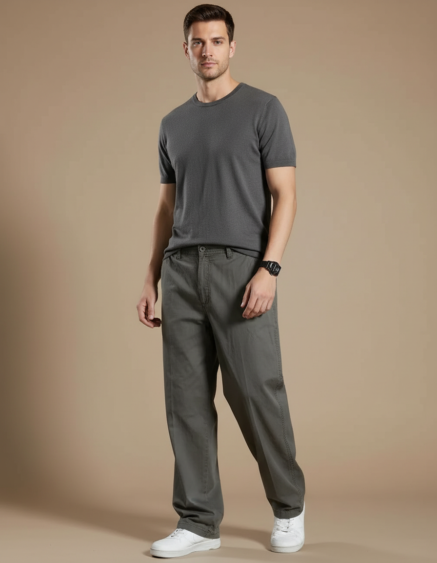 Pantalon Fluide Homme Coton Cargo Ample Décontracté - Kaki