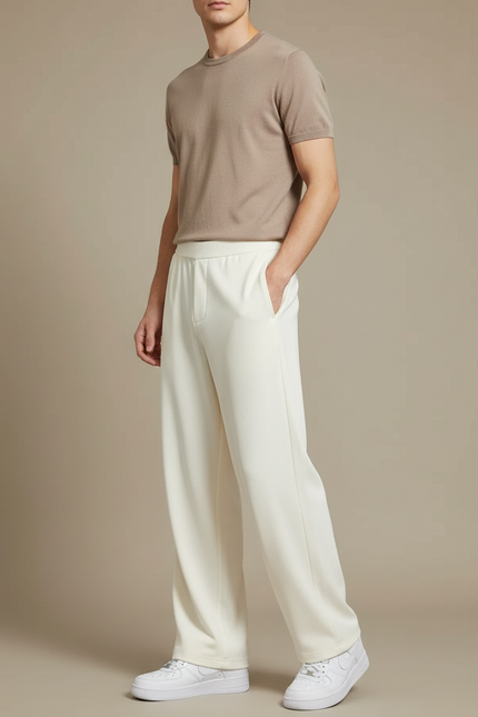 Pantalon Fluide Écru Ample Droit Homme Décontracté Sport - Blanc Maille