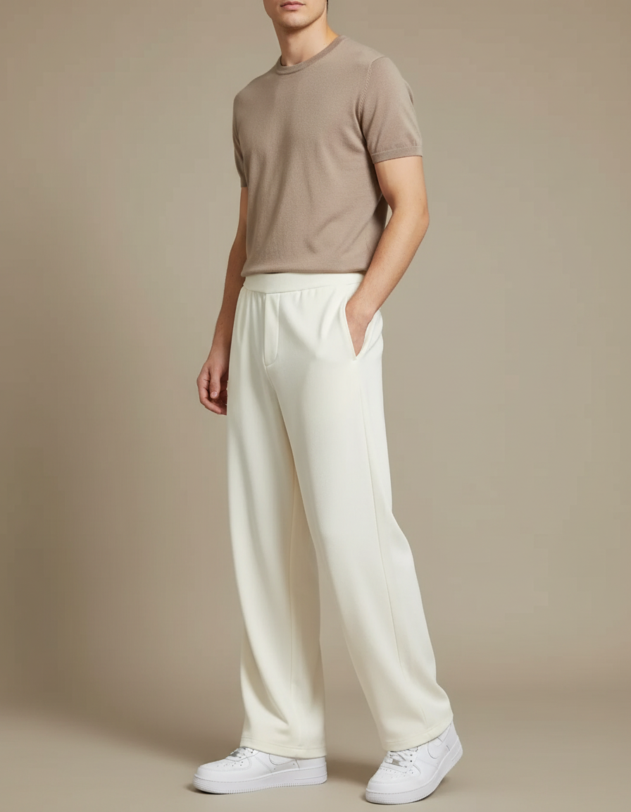 Pantalon Fluide Écru Ample Droit Homme Décontracté Sport - Blanc Maille