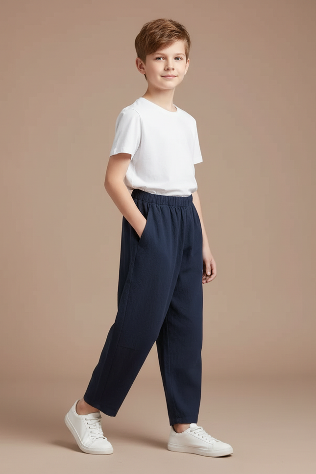 Pantalon Fluide Bleu Marine Ample Coton Lin Garçon