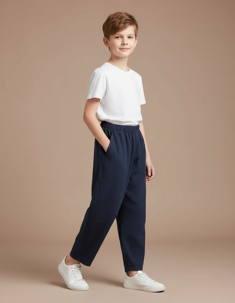 Pantalon Fluide Bleu Marine Ample Coton Lin Garçon
