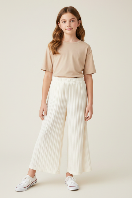 Pantalon Fluide Plissé Écru Ample Fille Décontracté - Blanc Polyester