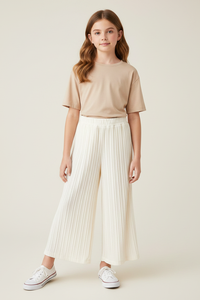 Pantalon Fluide Plissé Écru Ample Fille Décontracté - Blanc Polyester