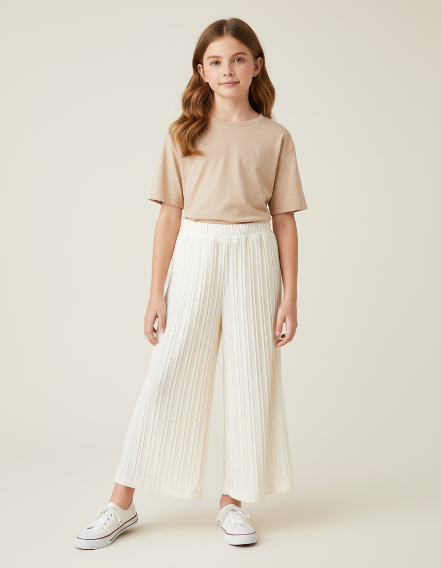 Pantalon Fluide Plissé Écru Ample Fille Décontracté - Blanc Polyester