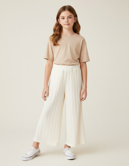 Pantalon Fluide Plissé Écru Ample Fille Décontracté - Blanc Polyester