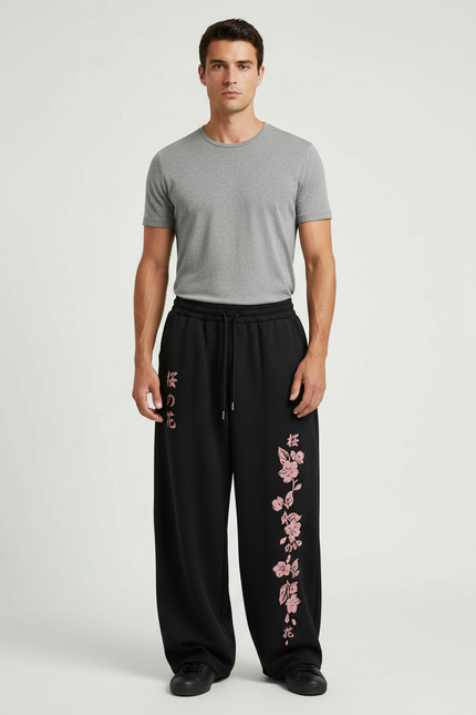 Pantalon Fluide Noir Ample Imprimé Sakura Homme - Molleton