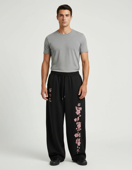 Pantalon Fluide Noir Ample Imprimé Sakura Homme - Molleton