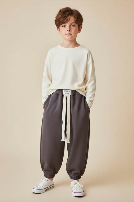 Pantalon Fluide Garçon Gris Coupe Ample Coton Hiver - Molleton