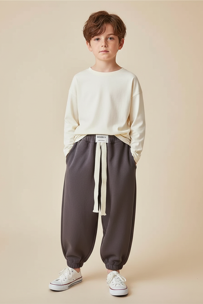 Pantalon Fluide Garçon Gris Coupe Ample Coton Hiver - Molleton