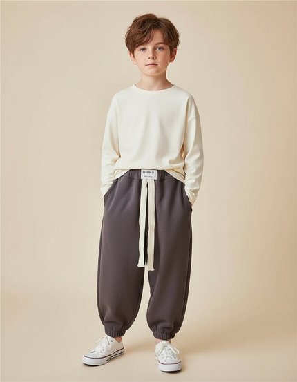 Pantalon Fluide Garçon Gris Coupe Ample Coton Hiver - Molleton