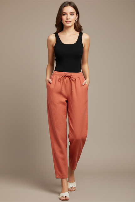 Pantalon Fluide Corail Ample Lin Décontracté Confortable - Orange