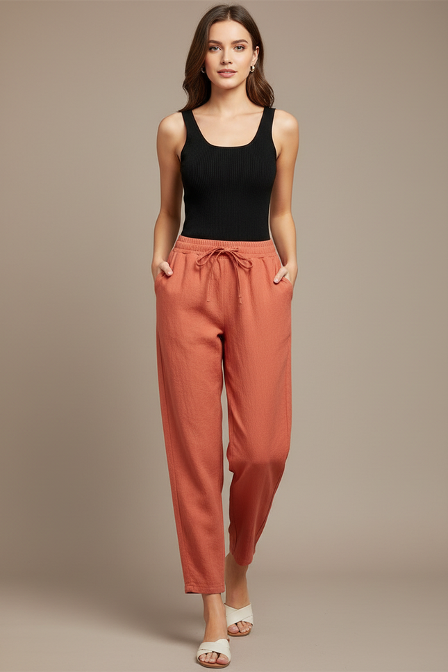 Pantalon Fluide Corail Ample Lin Décontracté Confortable - Orange