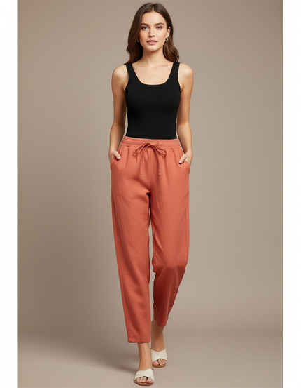 Pantalon Fluide Corail Ample Lin Décontracté Confortable - Orange