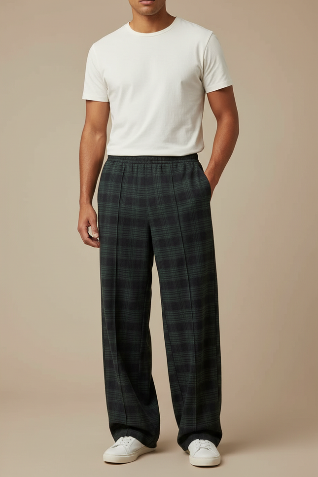 Pantalon Fluide Carreaux Écossais Ample Décontracté Homme - Vert Laine