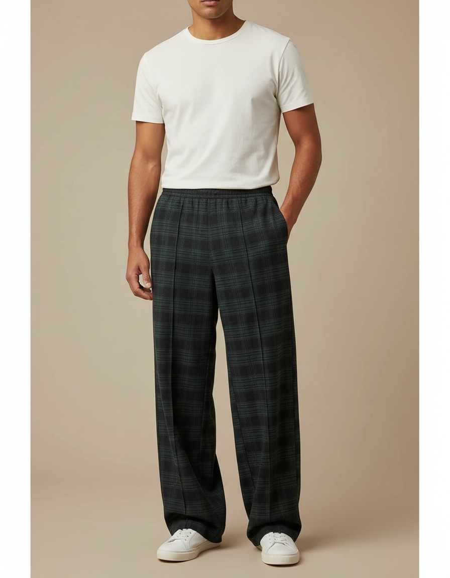 Pantalon Fluide Carreaux Écossais Ample Décontracté Homme - Vert Laine