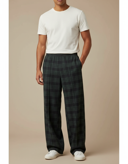 Pantalon Fluide Carreaux Écossais Ample Décontracté Homme - Vert Laine