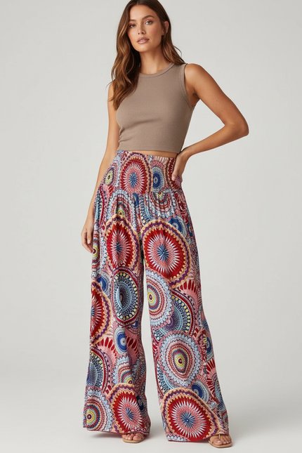 Pantalon Fluide Imprimé Tribal Bohème Ample Évasé Coloré - Multicolore Viscose