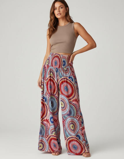 Pantalon Fluide Imprimé Tribal Bohème Ample Évasé Coloré - Multicolore Viscose