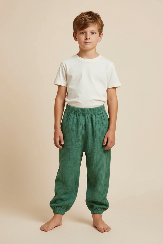 Pantalon Fluide Vert Ample Gaze Coton Confortable Enfant