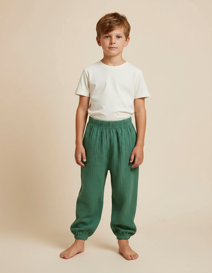 Pantalon Fluide Vert Ample Gaze Coton Confortable Enfant