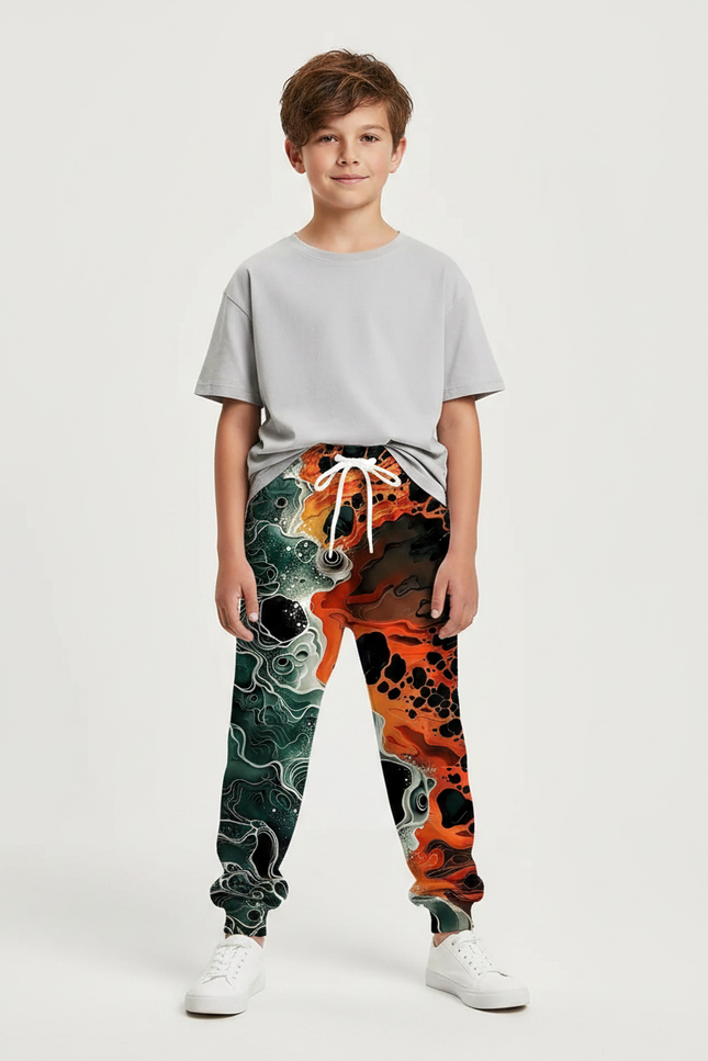 Pantalon Fluide Imprimé Flammes Orange Vert Décontracté Enfant - Molleton
