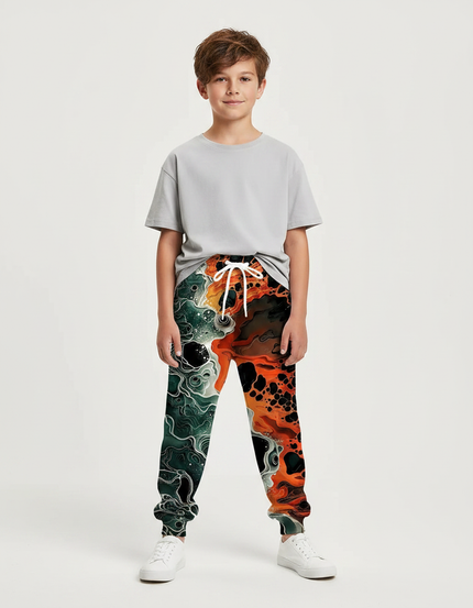 Pantalon Fluide Imprimé Flammes Orange Vert Décontracté Enfant - Molleton