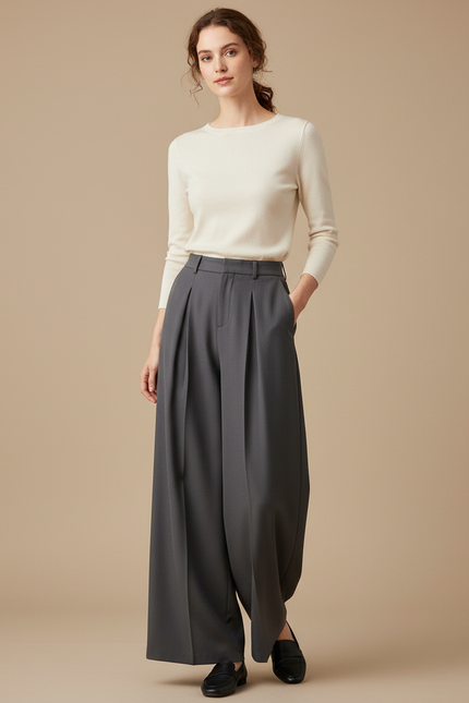 Pantalon Fluide Gris Ample Plissé Élégant Décontracté Femme - Gabardine