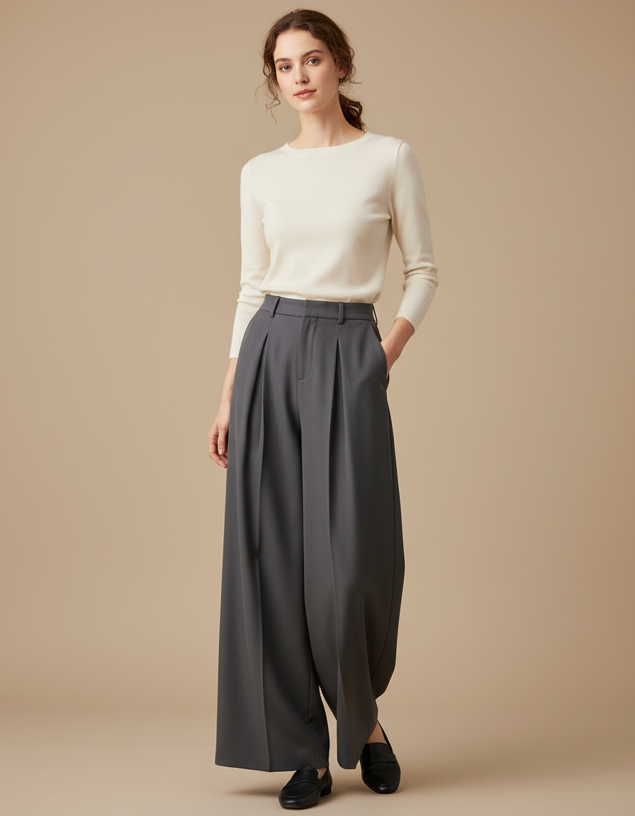 Pantalon Fluide Gris Ample Plissé Élégant Décontracté Femme - Gabardine