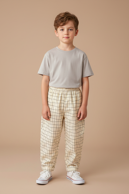 Pantalon Fluide Carreaux Écru Ample Coton Enfant - Beige