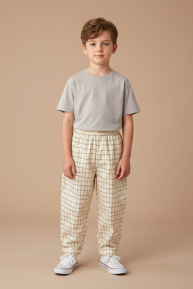 Pantalon Fluide Carreaux Écru Ample Coton Enfant - Beige