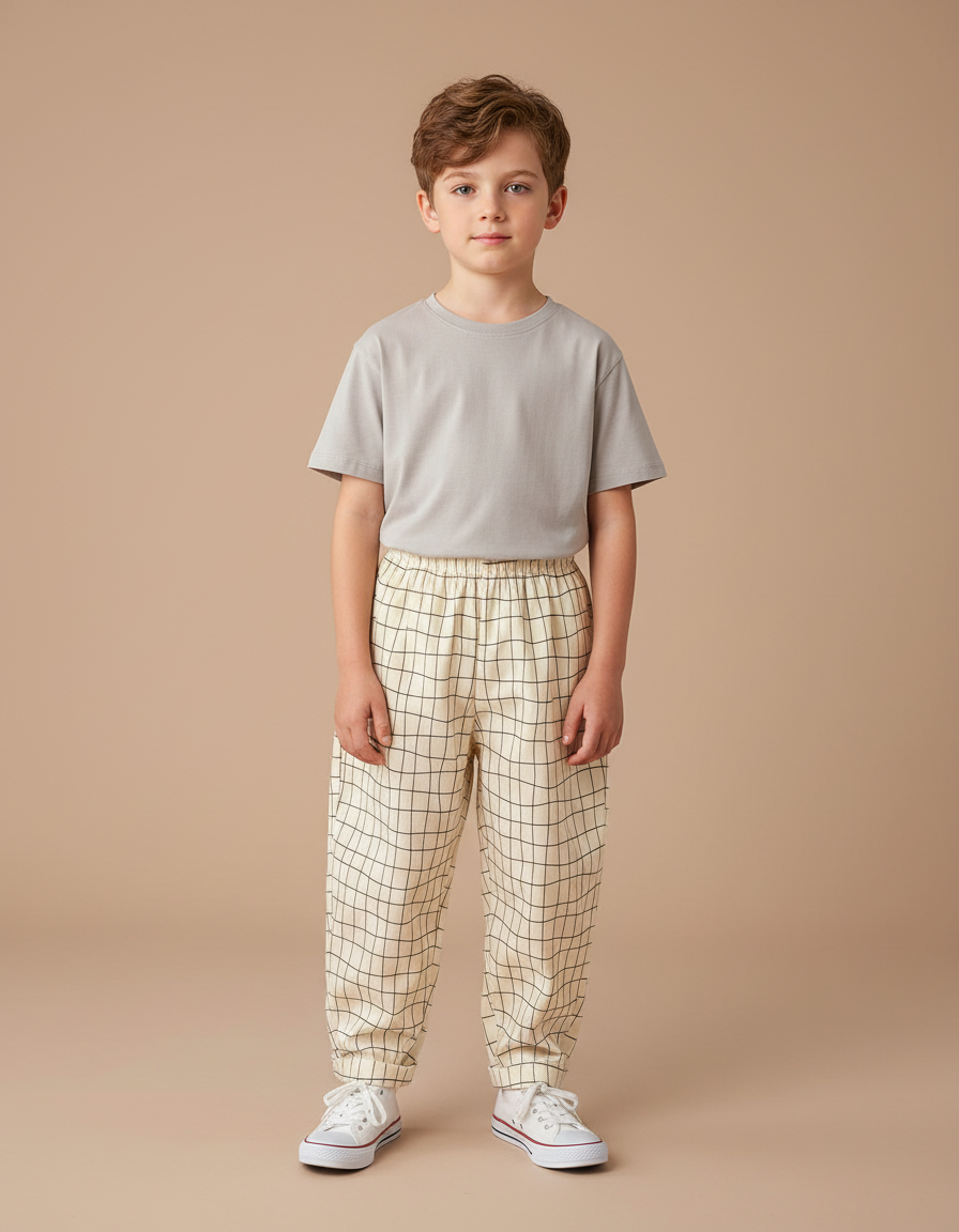 Pantalon Fluide Carreaux Écru Ample Coton Enfant - Beige