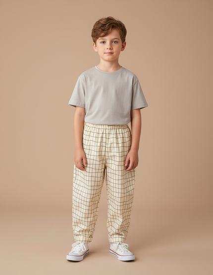 Pantalon Fluide Carreaux Écru Ample Coton Enfant - Beige