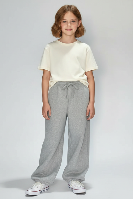 Pantalon Fluide Fille Gris Coupe Ample Coton - Molleton