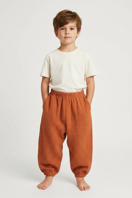 Pantalon Fluide Gaze Ample Marron Enfant Coton