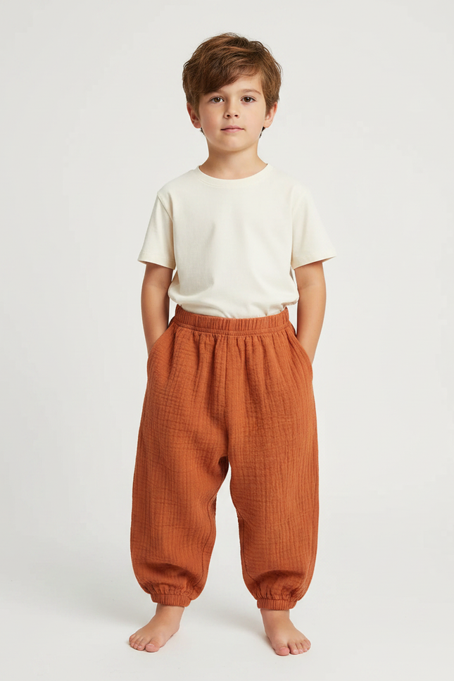 Pantalon Fluide Gaze Ample Marron Enfant Coton