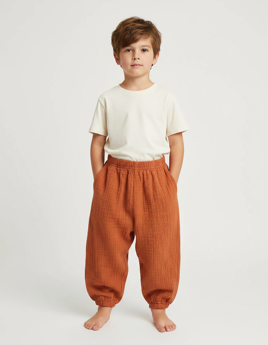 Pantalon Fluide Gaze Ample Marron Enfant Coton
