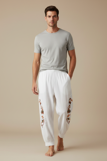 Pantalon Fluide Blanc Brodé Ample Coton Homme - Lin