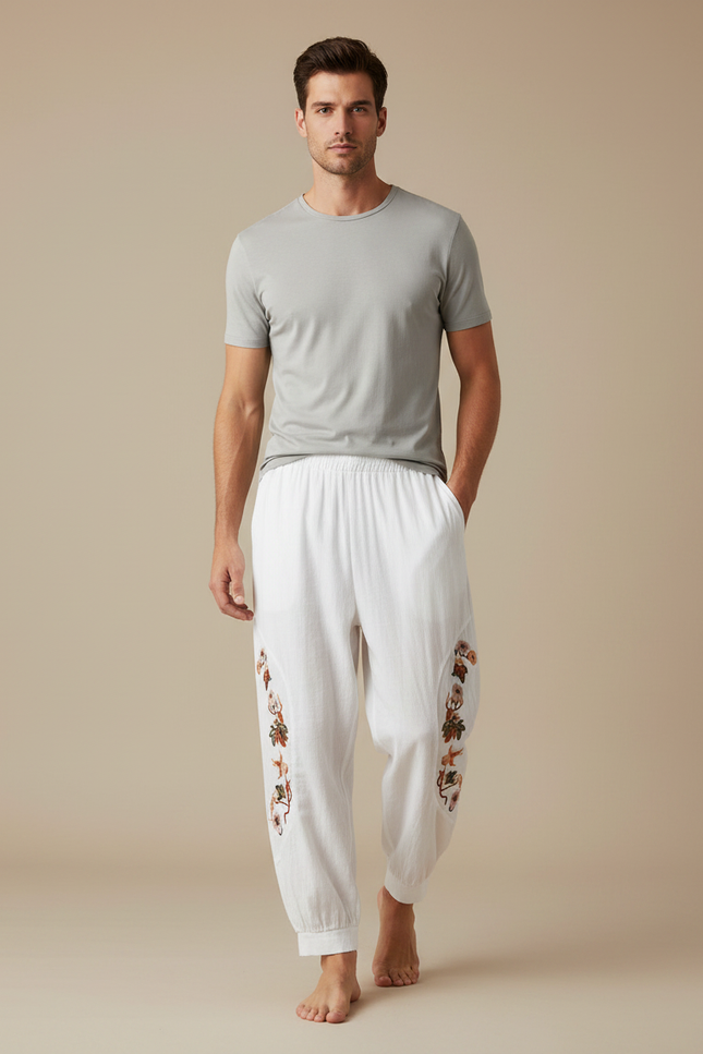 Pantalon Fluide Blanc Brodé Ample Coton Homme - Lin