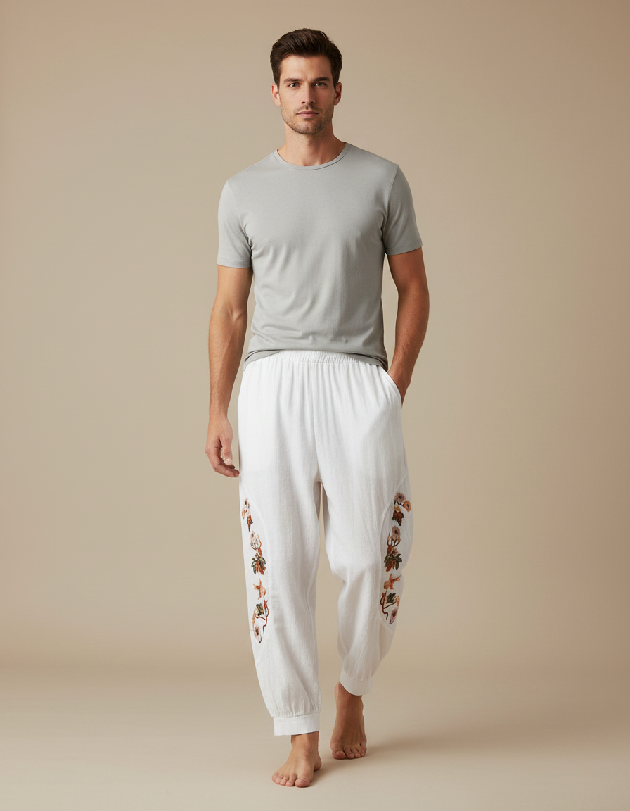 Pantalon Fluide Blanc Brodé Ample Coton Homme - Lin