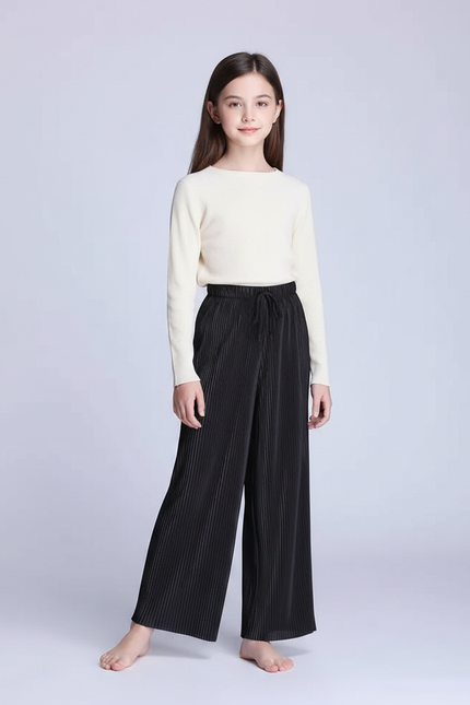 Pantalon Fluide Noir Plissé Ample Confortable Enfant - Polyester