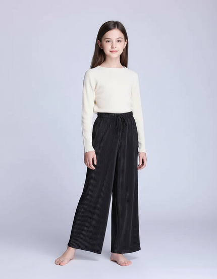 Pantalon Fluide Noir Plissé Ample Confortable Enfant - Polyester