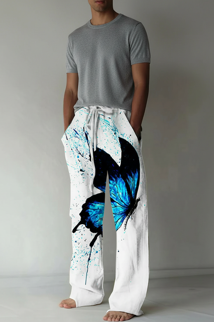 Pantalon Fluide Blanc Imprimé Papillon Bleu Décontracté Homme - Viscose