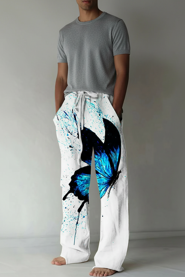 Pantalon Fluide Blanc Imprimé Papillon Bleu Décontracté Homme - Viscose